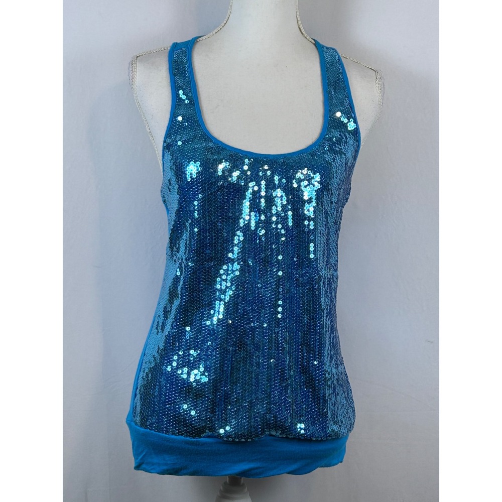 Heart Soul Sequin Tank Top Womens Small Blue Excellent Racerback Shimmer